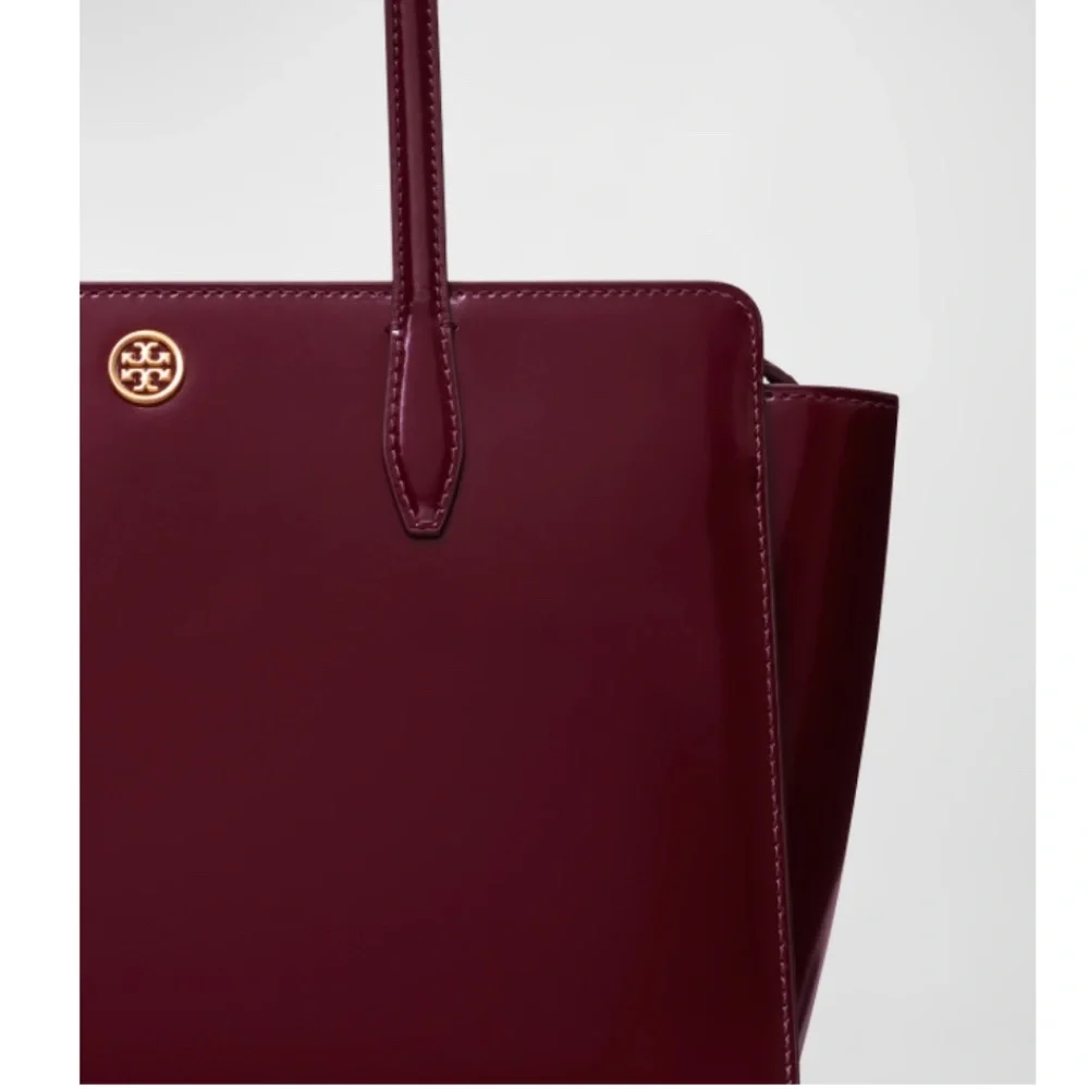 NWT $448 Tory Burch Robinson Small Shiny Leather Tote Bag in Beetle Berry!
